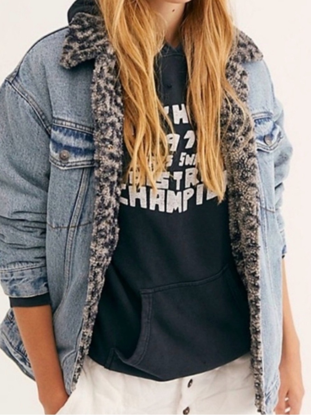 We The Free Light Blue Denim Jacket with Gray Sherpa Trim
